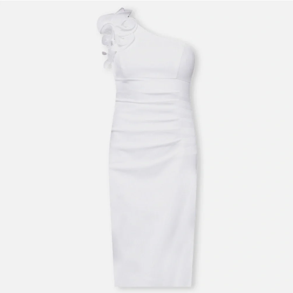 NEW XSCAPE White RUCHED Ruffled ONE SHOULDER Bridal SHEATH Midi DRESS 14 - Picture 8 of 11